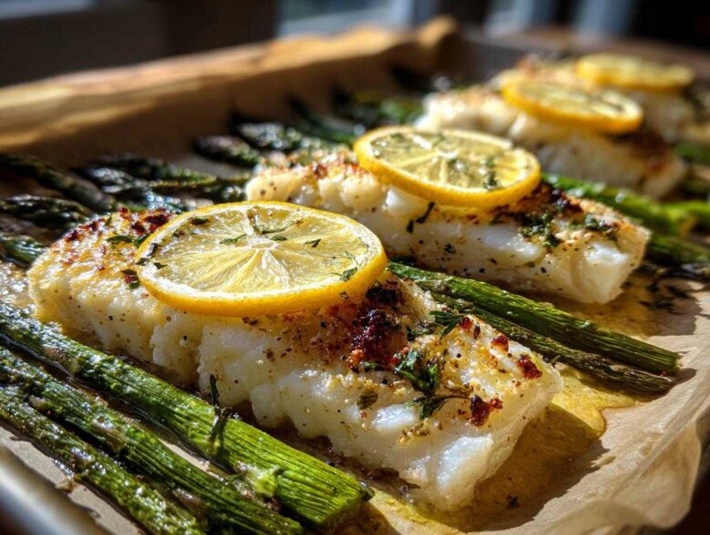 Close-up of flaky Sheet Pan Lemon Herb Cod fillets topped with lemon slices and served alongside roasted asparagus.