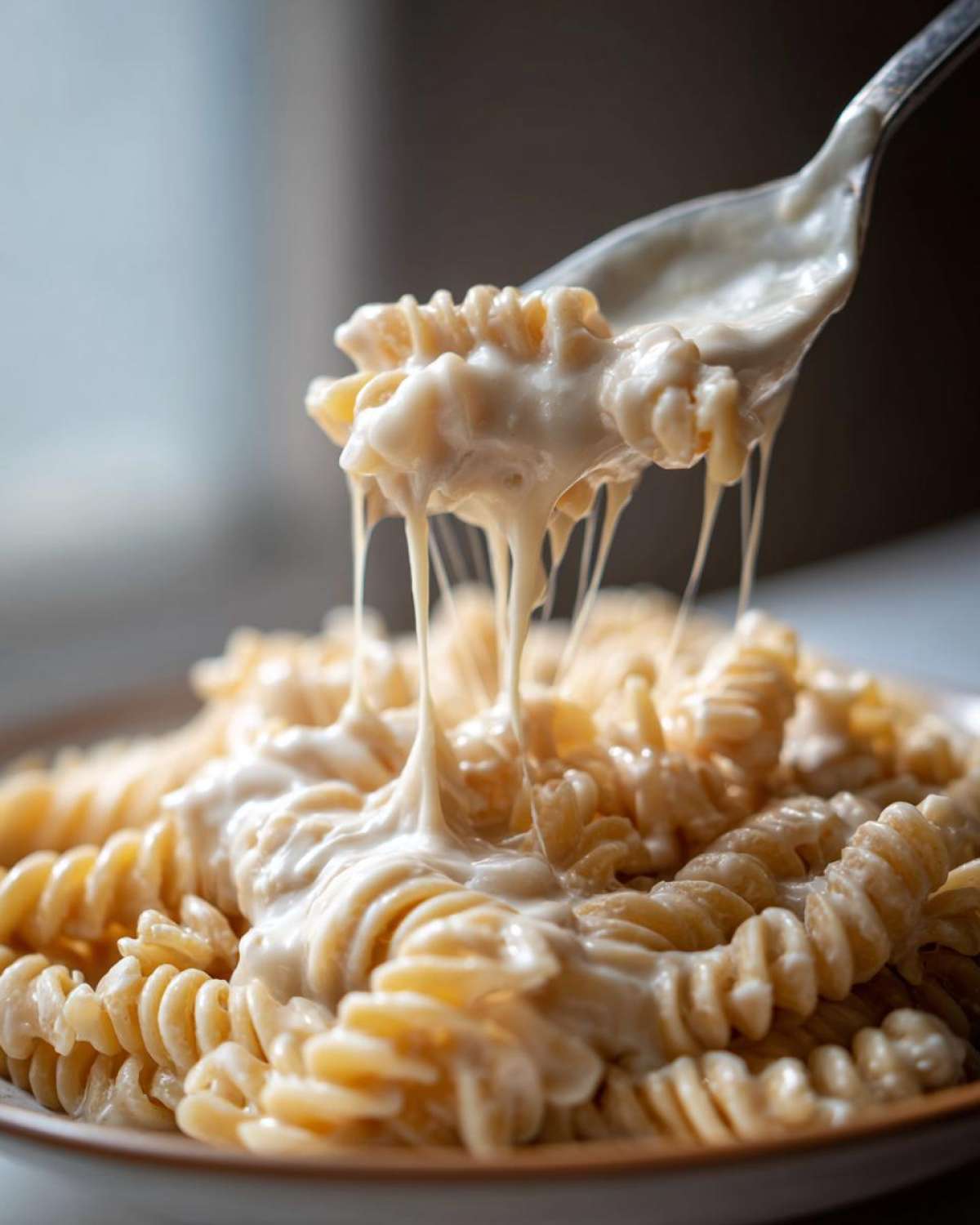 A spoonful of pasta coated in thick, creamy Vegan Creamy Cashew Alfredo Sauce dripping back into the bowl.