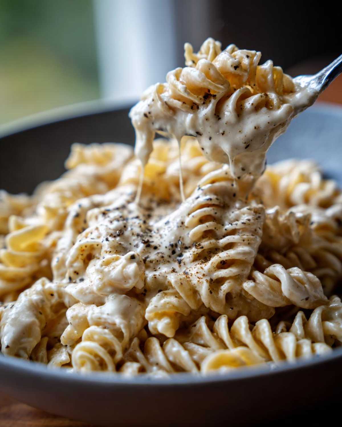 A fork lifts a bite of fusilli pasta generously coated in Vegan Creamy Cashew Alfredo Sauce and black pepper.