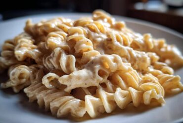 Close-up of fusilli pasta generously coated in rich Vegan Creamy Cashew Alfredo Sauce on a white plate.