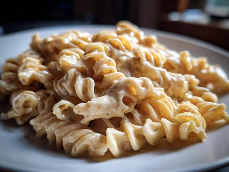 Close-up of fusilli pasta generously coated in rich Vegan Creamy Cashew Alfredo Sauce on a white plate.