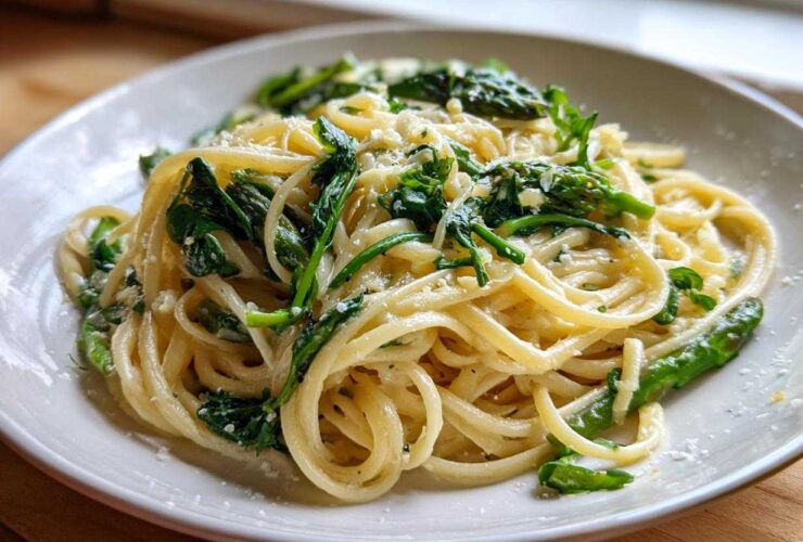 A serving of creamy Vegan Lemon Asparagus Pasta with bright green asparagus and pea shoots, topped with vegan parmesan.