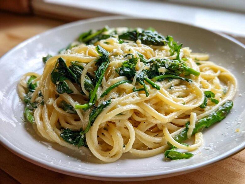 A serving of creamy Vegan Lemon Asparagus Pasta with bright green asparagus and pea shoots, topped with vegan parmesan.