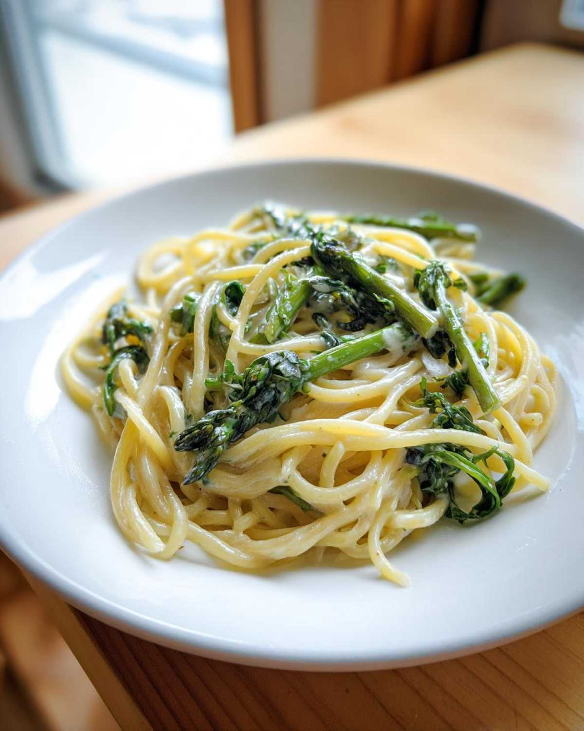 A close-up of Vegan Lemon Asparagus Pasta with creamy sauce and bright green asparagus spears on a white plate.