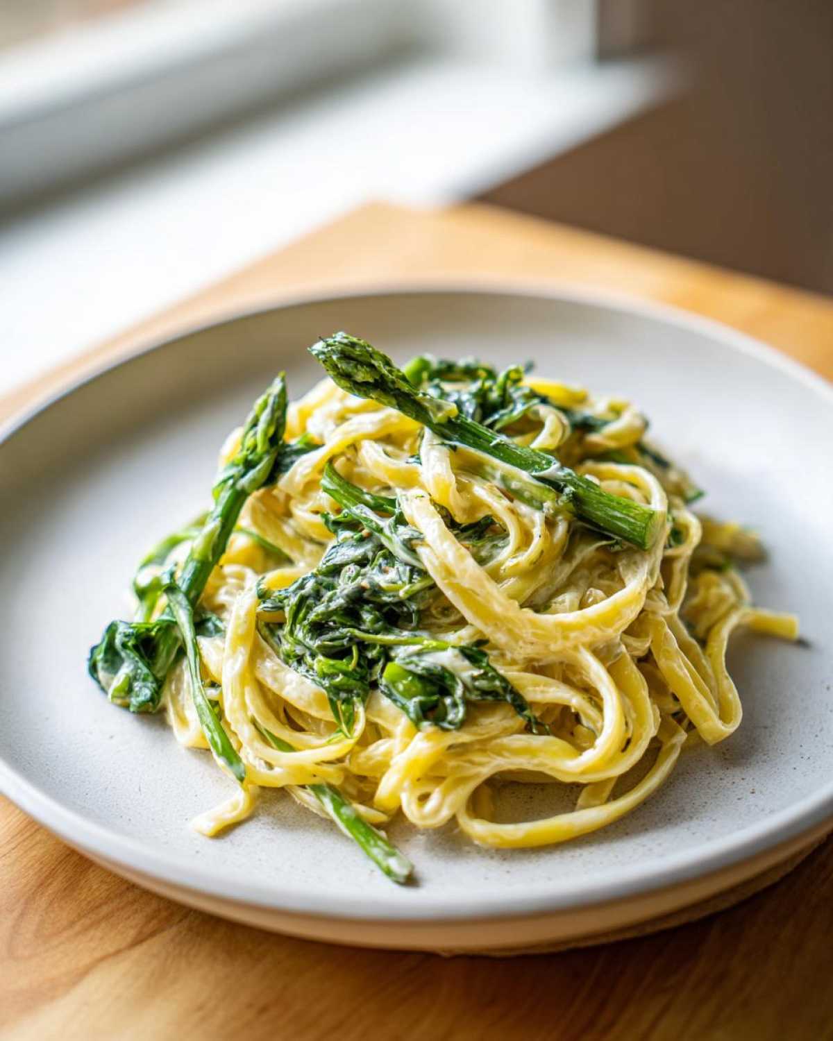 A close-up of Vegan Lemon Asparagus Pasta tossed in a creamy sauce, topped with bright green asparagus spears.