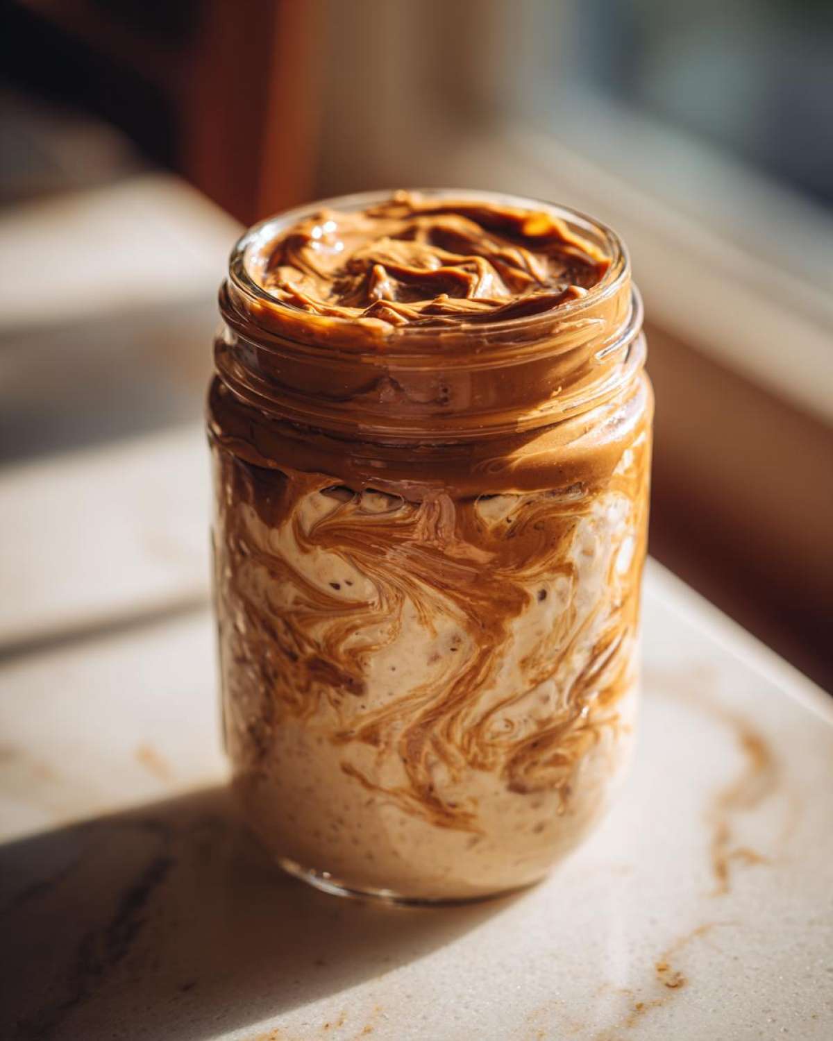 Close-up of Vegan Peanut Butter Banana Overnight Oats swirled with peanut butter in a glass jar.