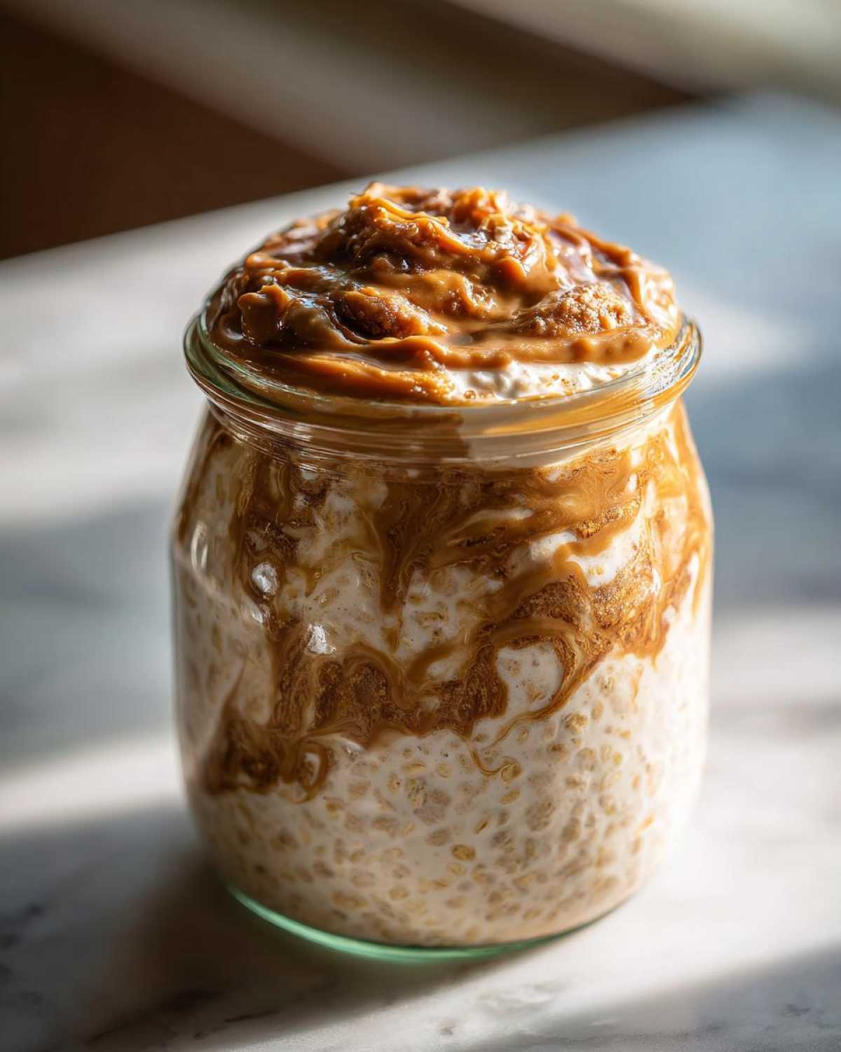 Close-up of Vegan Peanut Butter Banana Overnight Oats layered with creamy peanut butter in a glass jar.