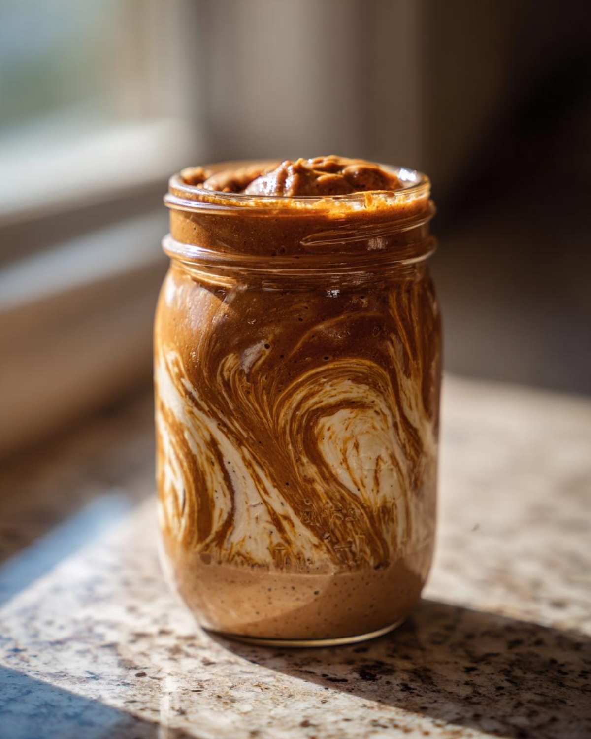 Close-up of Vegan Peanut Butter Banana Overnight Oats with creamy peanut butter swirled into the base in a glass jar.