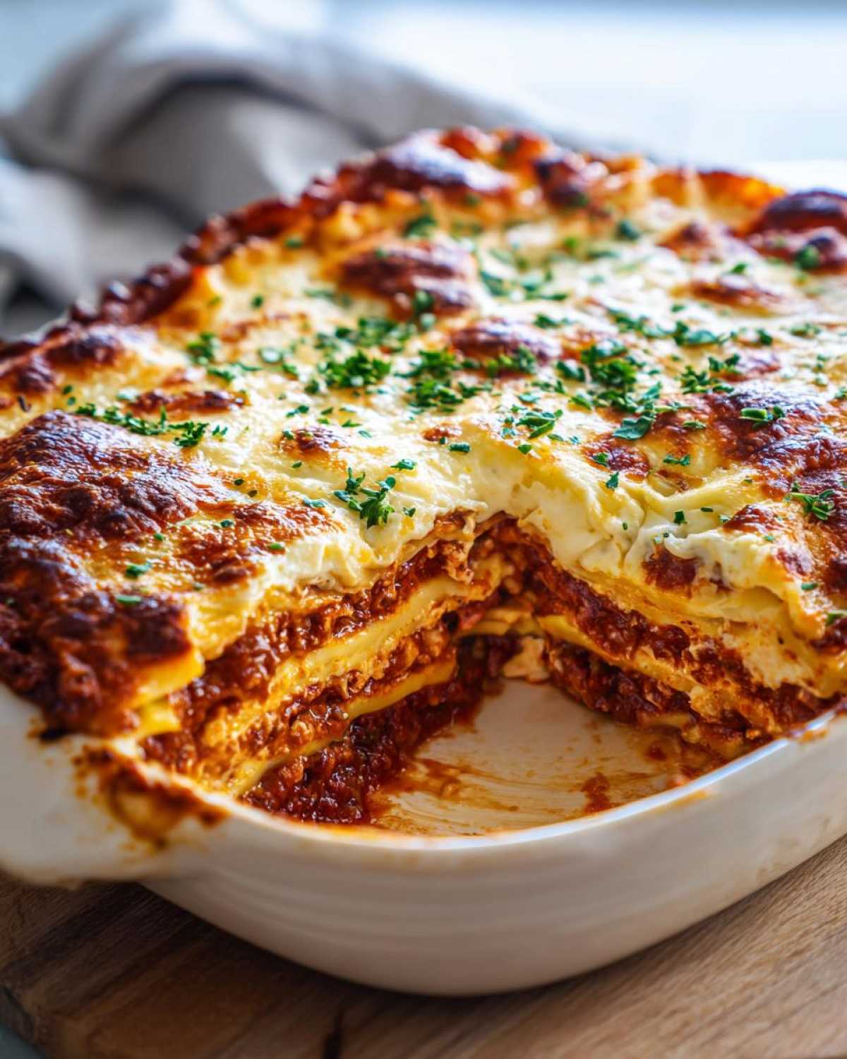 Close-up of a portion removed from a Cheesy Baked Ravioli with Creamy Tomato Sauce casserole, showing layers of pasta, meat sauce, and melted cheese.