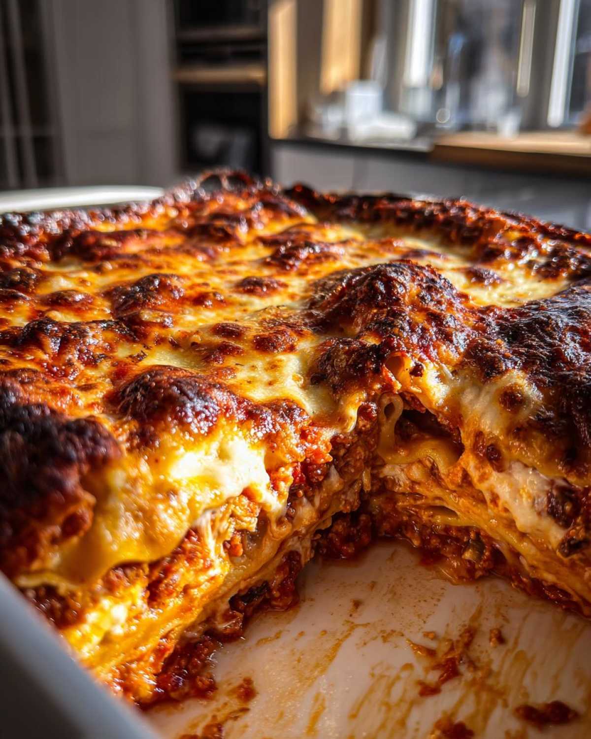 A close-up of baked Cheesy Baked Ravioli with Creamy Tomato Sauce, showing a deep, browned, bubbly cheese crust.