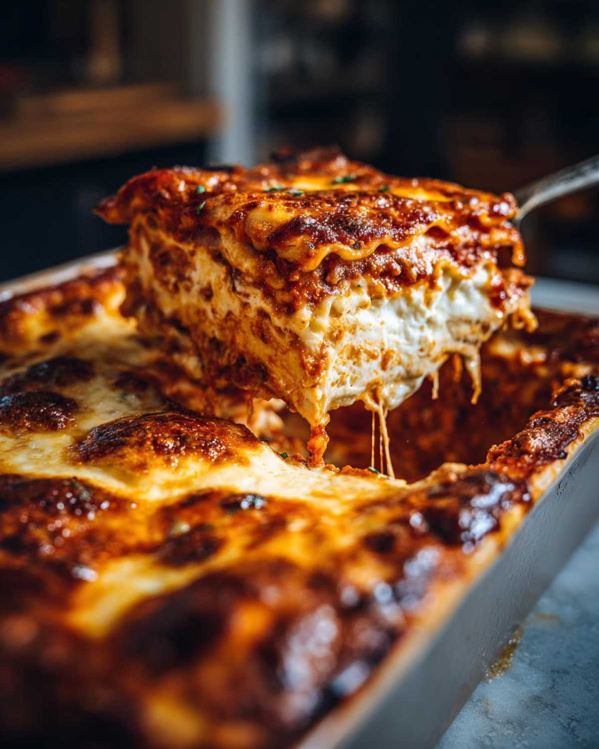 A serving of Cheesy Baked Ravioli with Creamy Tomato Sauce being lifted, showing melted cheese pull.