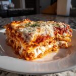 A generous, layered slice of Cheesy Baked Ravioli with Creamy Tomato Sauce, topped with melted cheese and parsley.
