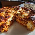 A round portion of Cheesy Baked Ravioli with Creamy Tomato Sauce, showing layers of pasta, meat sauce, and a thick, bubbly, browned cheese top.