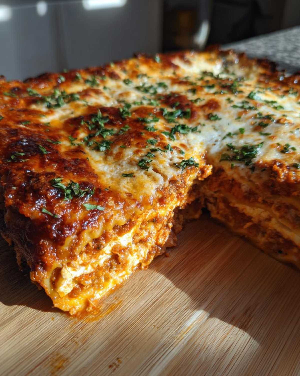 A close-up of a rich, layered slice of Cheesy Baked Ravioli with Creamy Tomato Sauce, topped with melted cheese and parsley.