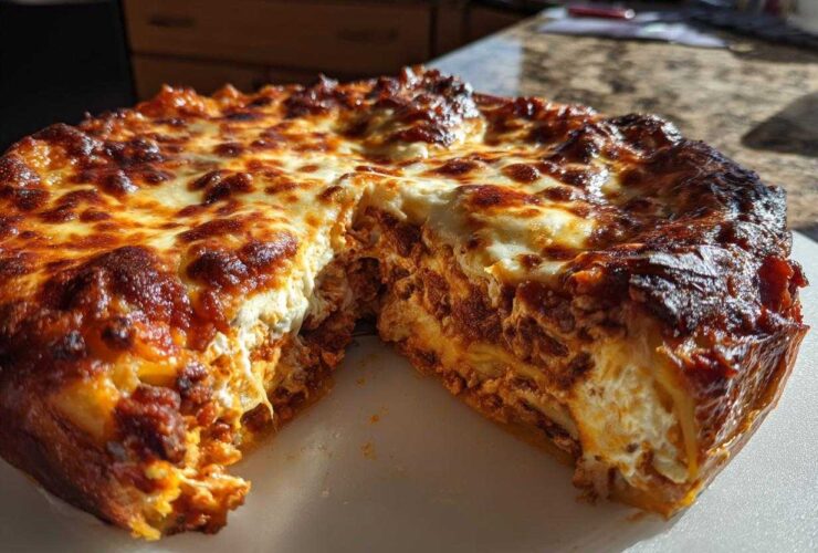 A round portion of Cheesy Baked Ravioli with Creamy Tomato Sauce, showing layers of pasta, meat sauce, and a thick, bubbly, browned cheese top.