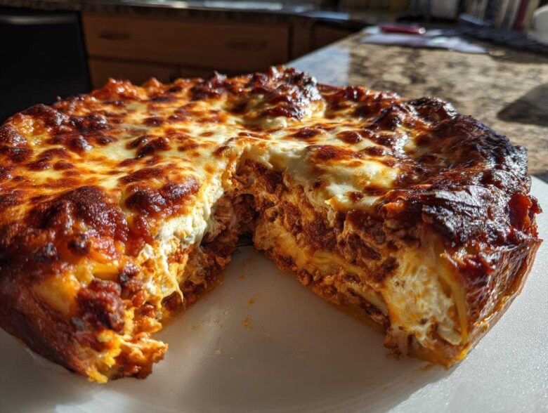 A round portion of Cheesy Baked Ravioli with Creamy Tomato Sauce, showing layers of pasta, meat sauce, and a thick, bubbly, browned cheese top.