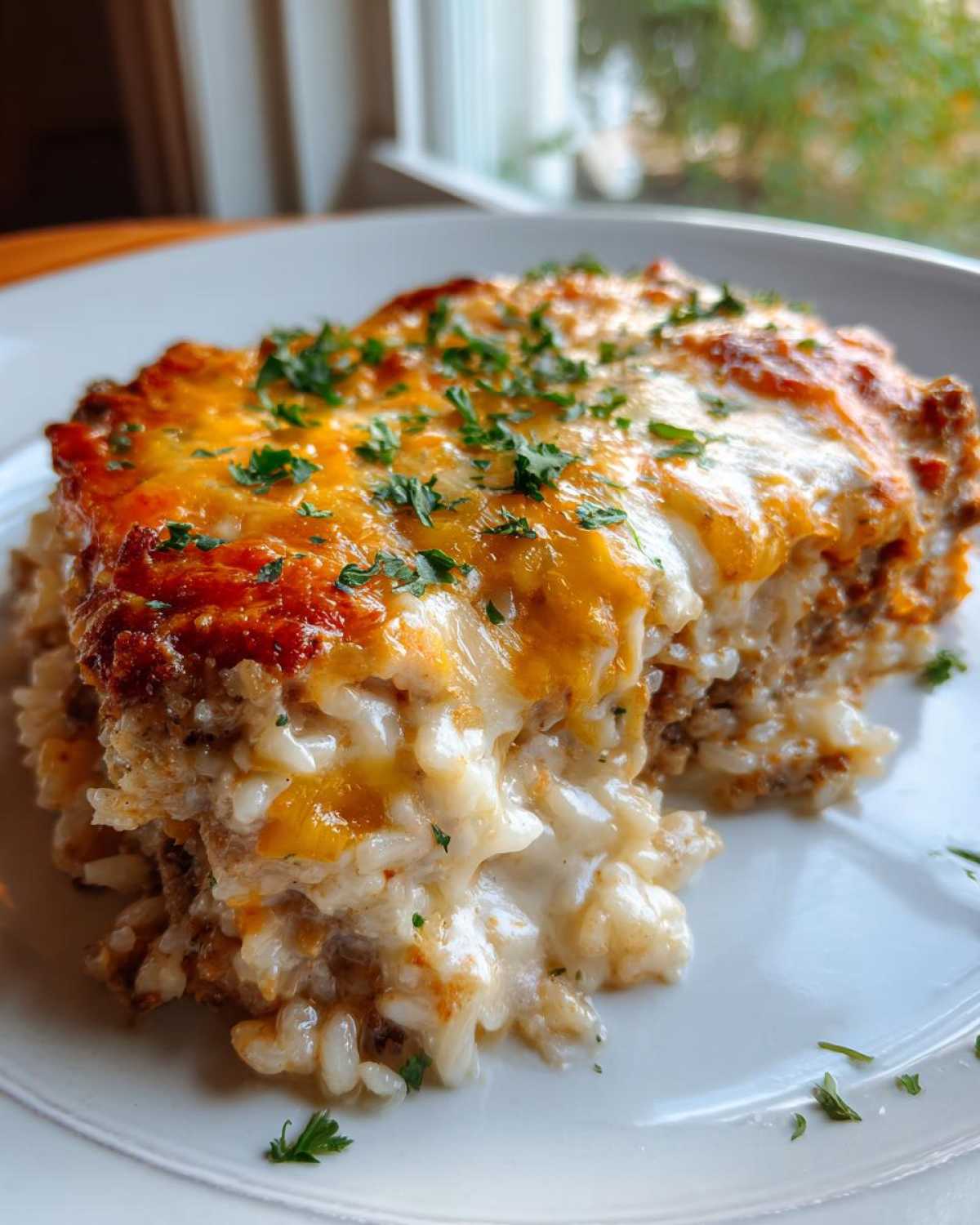 A close-up of a rich serving of Cheesy Beef and Rice Casserole Comfort Dish topped with melted cheddar and fresh parsley.