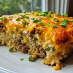 A thick slice of Cheesy Beef and Rice Casserole Comfort Dish with a golden melted cheese top and green onions.