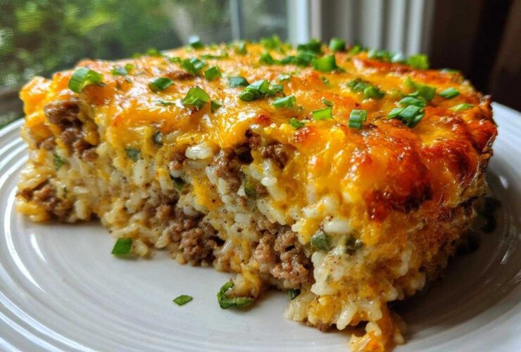A thick slice of Cheesy Beef and Rice Casserole Comfort Dish with a golden melted cheese top and green onions.