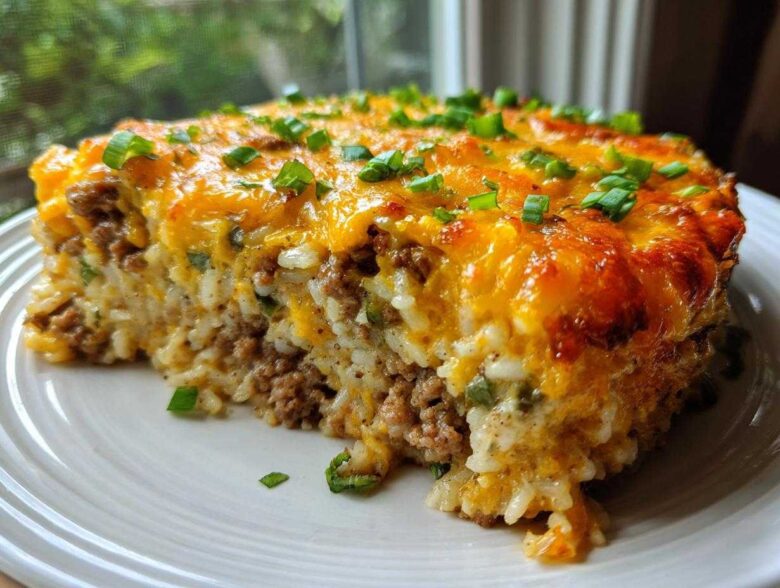 A thick slice of Cheesy Beef and Rice Casserole Comfort Dish with a golden melted cheese top and green onions.