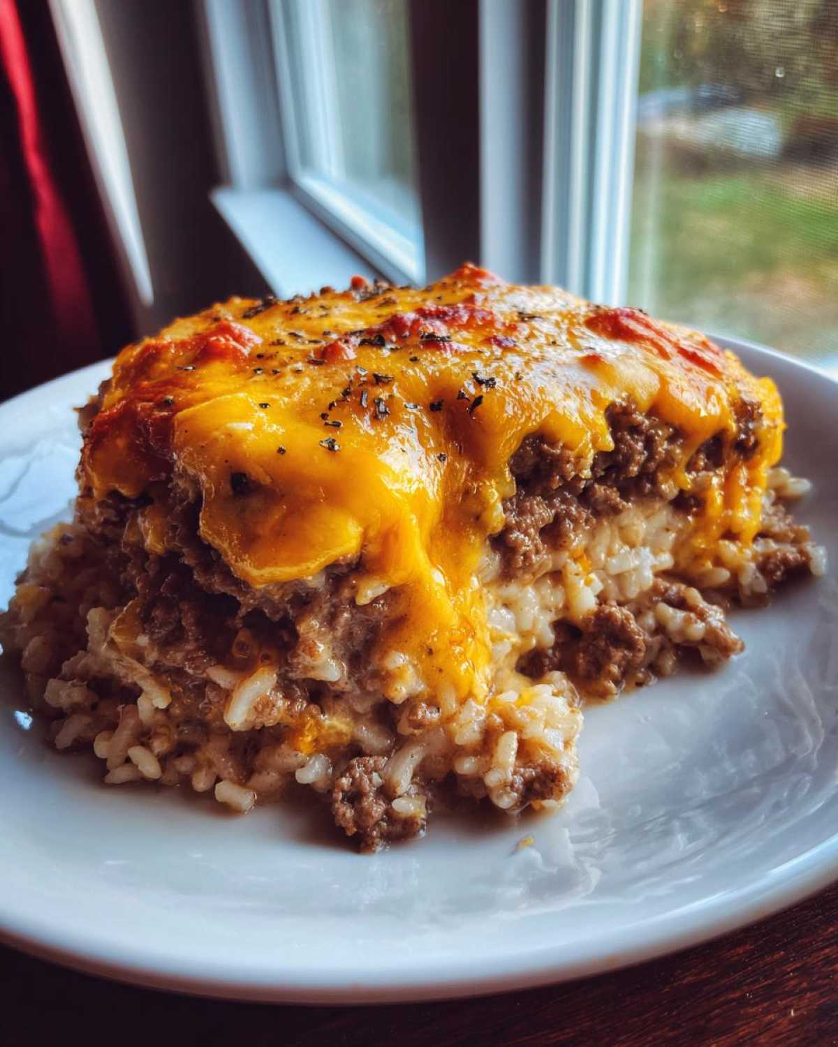 A hearty serving of Cheesy Beef and Rice Casserole Comfort Dish topped with melted cheddar cheese.