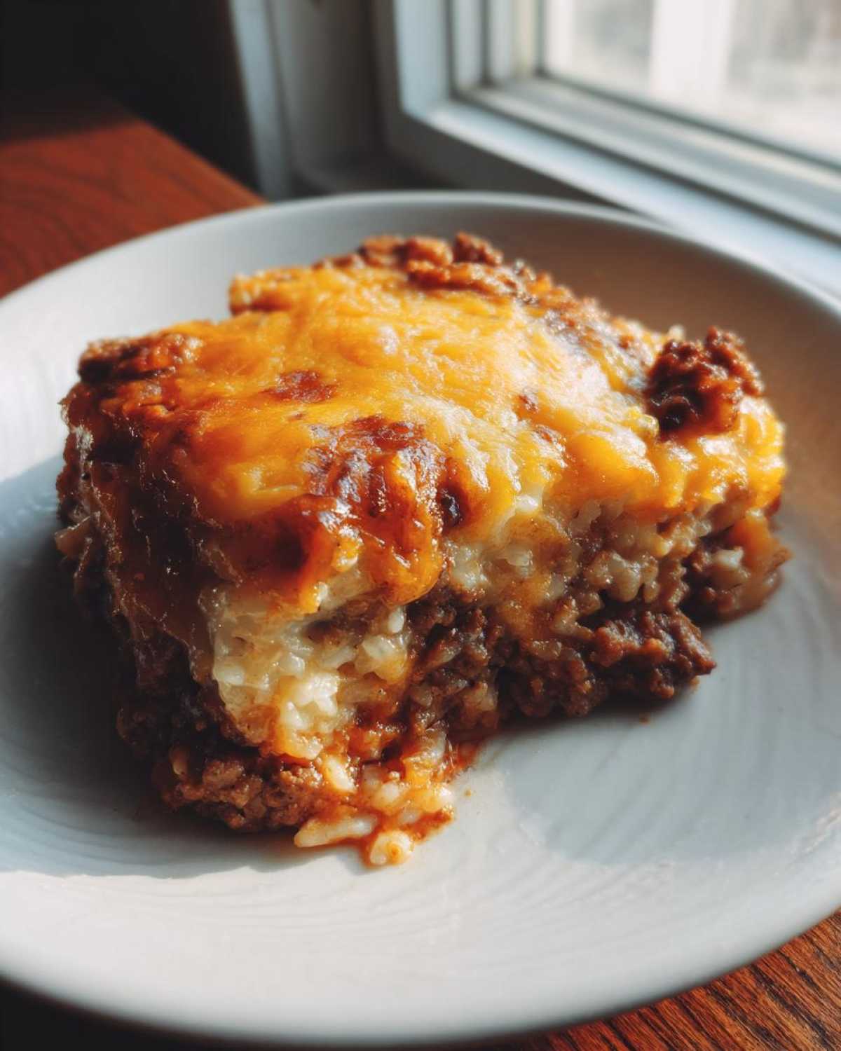 A close-up serving of Cheesy Beef and Rice Casserole Comfort Dish with melted, browned cheese on top.