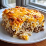A generous serving of Cheesy Beef and Rice Casserole Comfort Dish with a thick, browned cheddar cheese topping.
