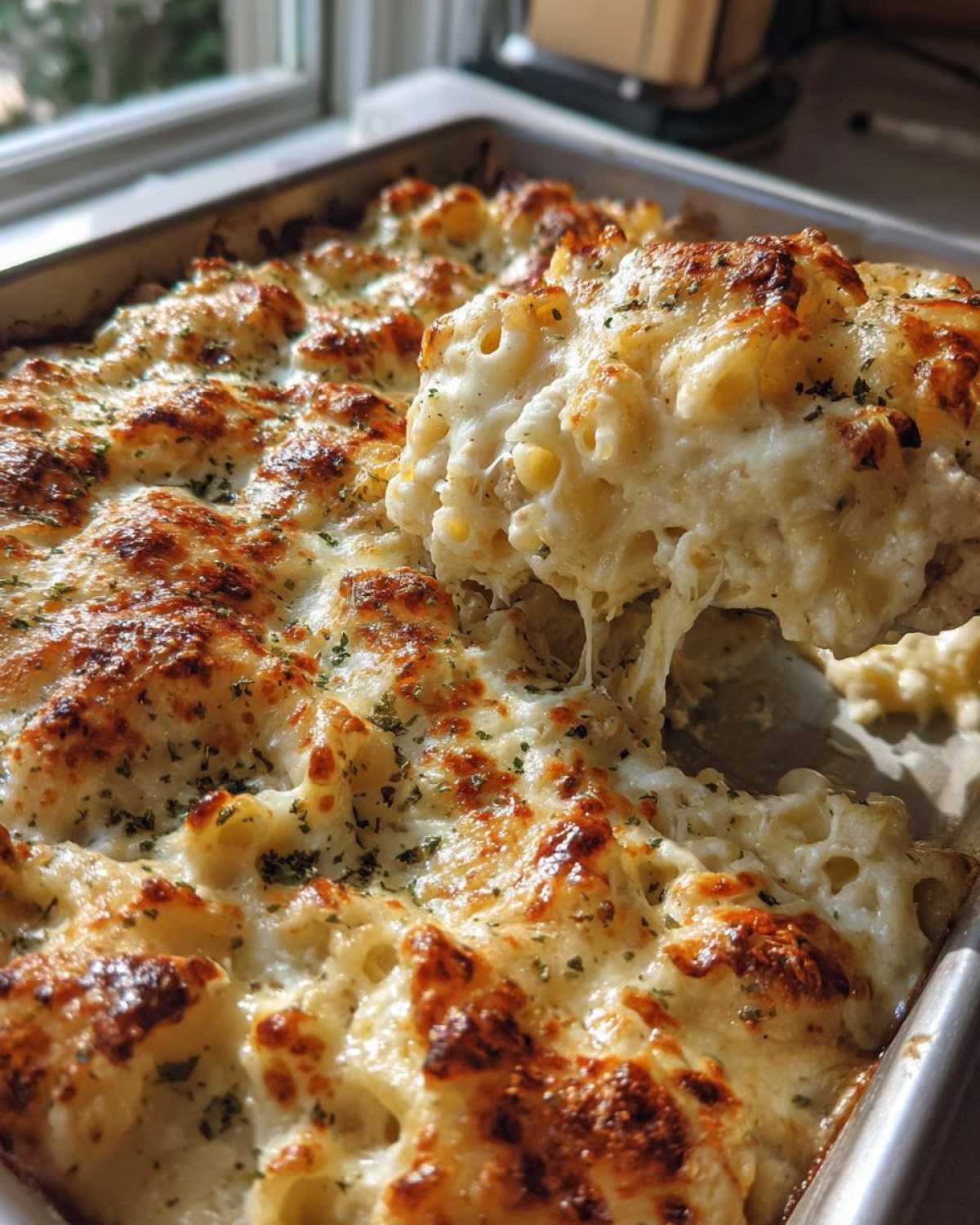 A serving spoon lifts a portion of Cheesy Chicken Alfredo Bake showing melted, stretchy cheese.