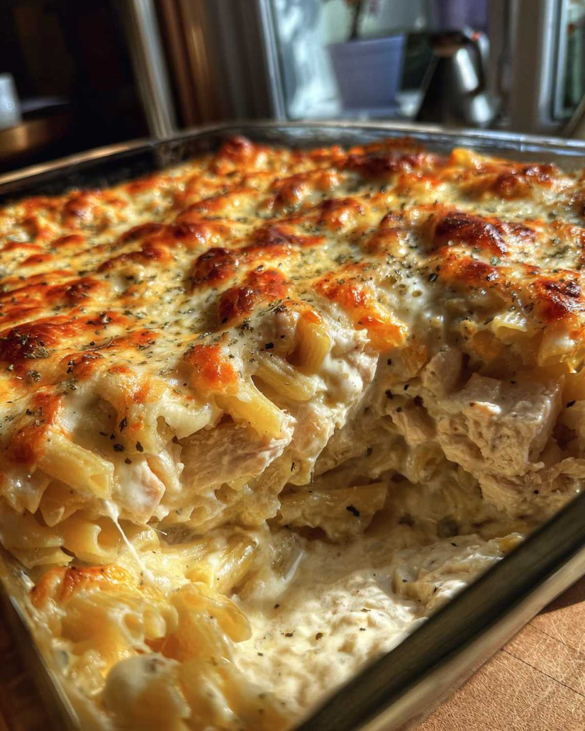 Close-up of a portion scooped out of a Cheesy Chicken Alfredo Bake showing creamy sauce, pasta, and melted, browned cheese topping.