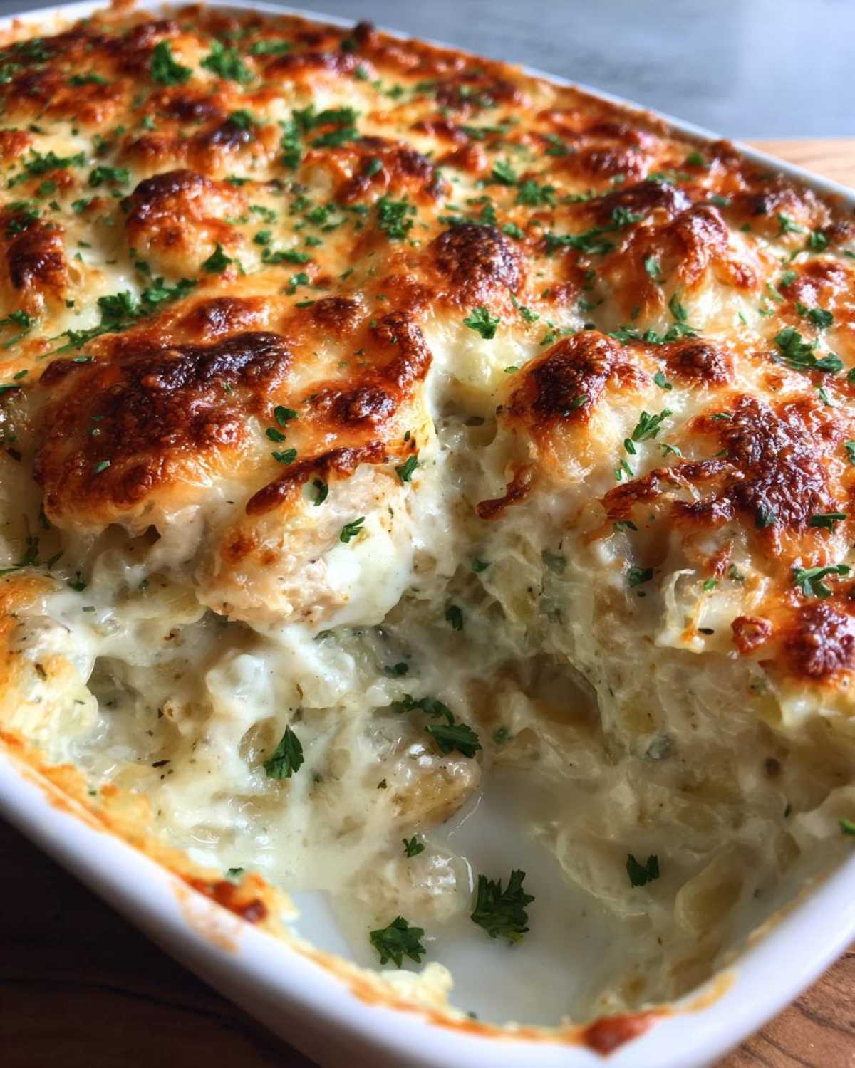 Close-up of a scoop taken from a Cheesy Chicken Alfredo Bake showing creamy sauce and golden melted cheese.