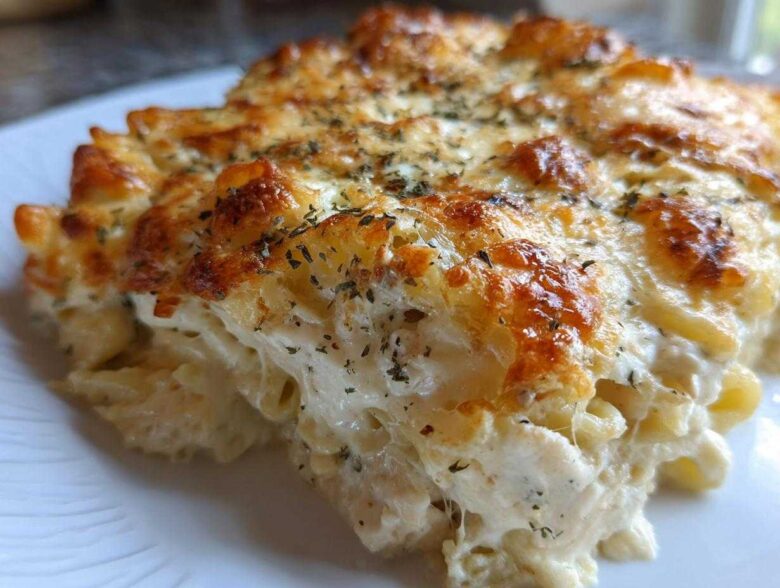 Close-up of a serving of Cheesy Chicken Alfredo Bake showing creamy sauce and browned cheese topping.