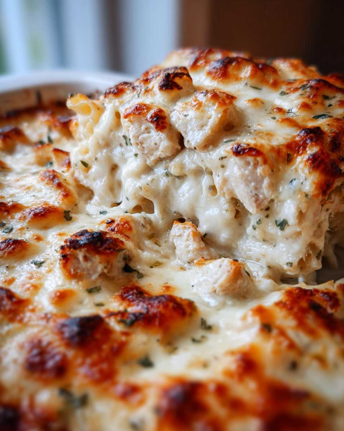 Close-up of a serving of Cheesy Chicken Alfredo Bake showing creamy sauce and browned cheese topping.