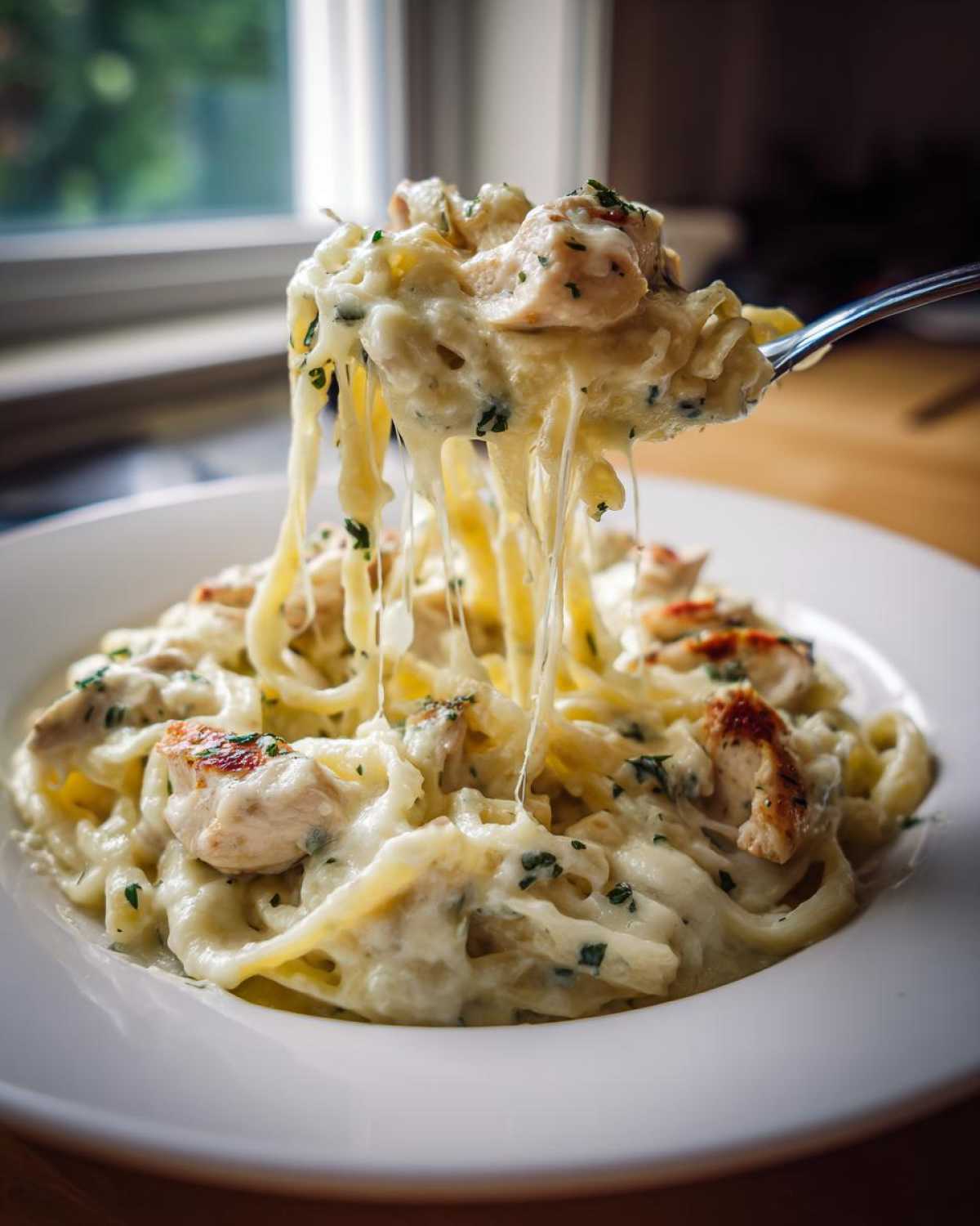 A fork lifting pasta showing a dramatic cheese pull from the Cheesy Chicken Alfredo Bake with Mozzarella.