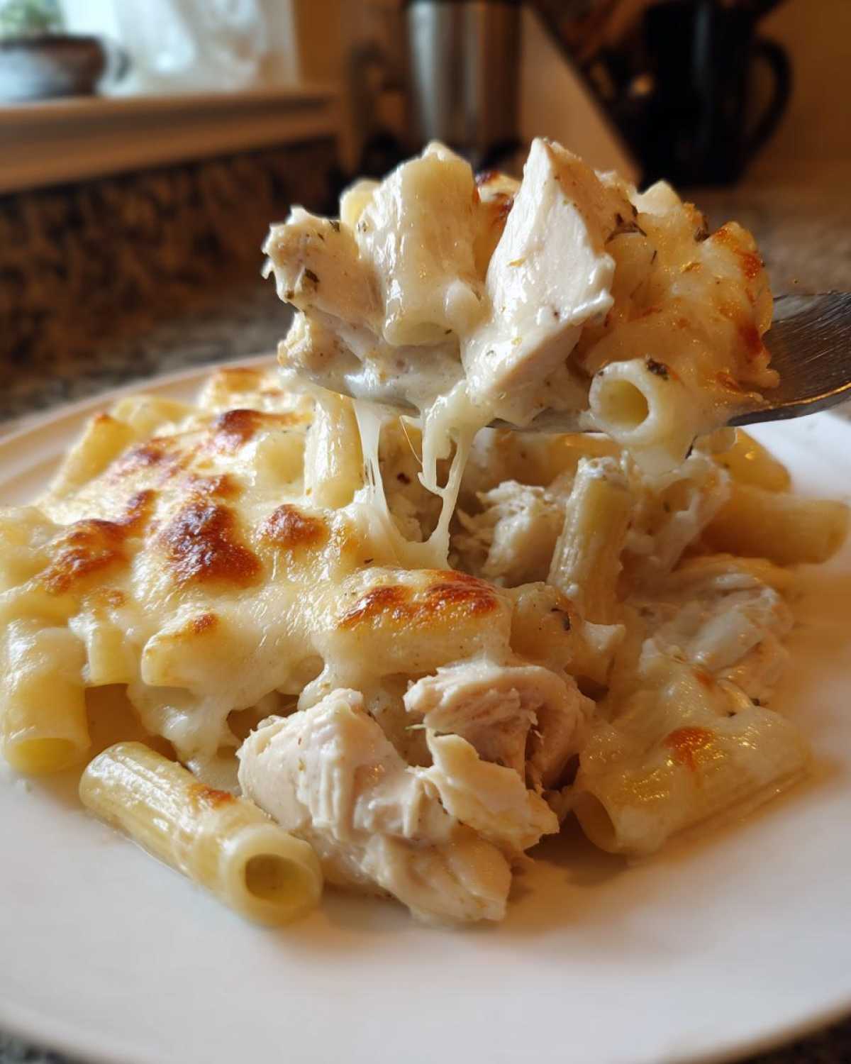 A fork lifts a bite of Cheesy Chicken Alfredo Bake with Mozzarella, showing melted, stringy cheese and chunks of chicken and pasta.