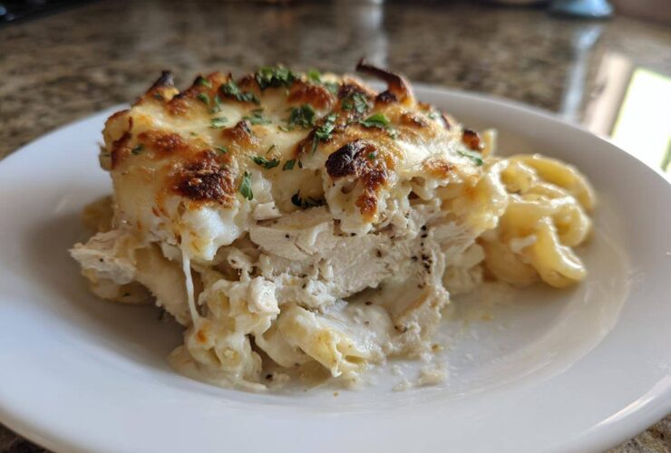 A generous serving of Cheesy Chicken Alfredo Bake with Mozzarella showing layers of chicken, pasta, and a golden, bubbly cheese topping.