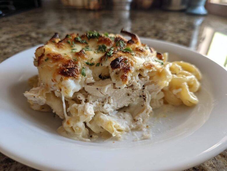 A generous serving of Cheesy Chicken Alfredo Bake with Mozzarella showing layers of chicken, pasta, and a golden, bubbly cheese topping.