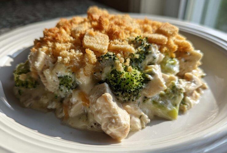 A close-up serving of Cheesy Chicken and Broccoli Bake Comfort Dish with a golden, crumbly topping.