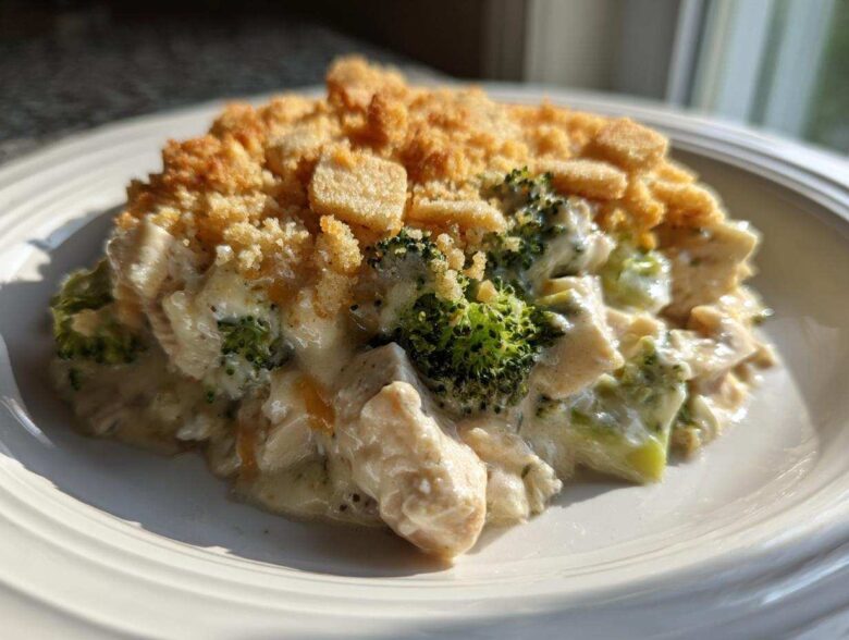 A close-up serving of Cheesy Chicken and Broccoli Bake Comfort Dish with a golden, crumbly topping.