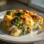 A close-up serving of the Cheesy Chicken and Broccoli Bake Comfort Dish, showing chunks of chicken, bright green broccoli, and a golden, cheesy topping.