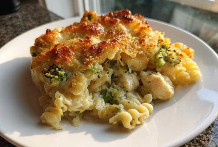 A serving of Cheesy Chicken and Broccoli Pasta Bake with a golden, bubbly cheese crust on a white plate.
