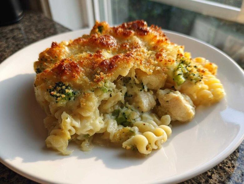 A serving of Cheesy Chicken and Broccoli Pasta Bake with a golden, bubbly cheese crust on a white plate.