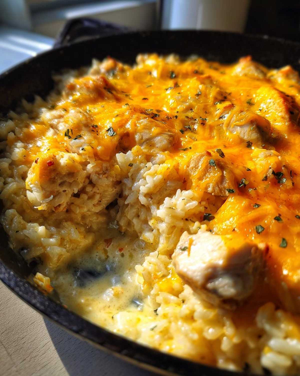 Close-up of Cheesy Chicken and Rice Skillet with a thick layer of melted orange cheddar cheese on top.