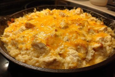 Close-up of a Cheesy Chicken and Rice Skillet topped with melted, golden cheddar cheese in a cast iron pan.