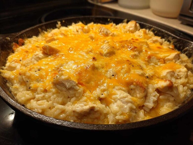 Close-up of a Cheesy Chicken and Rice Skillet topped with melted, golden cheddar cheese in a cast iron pan.
