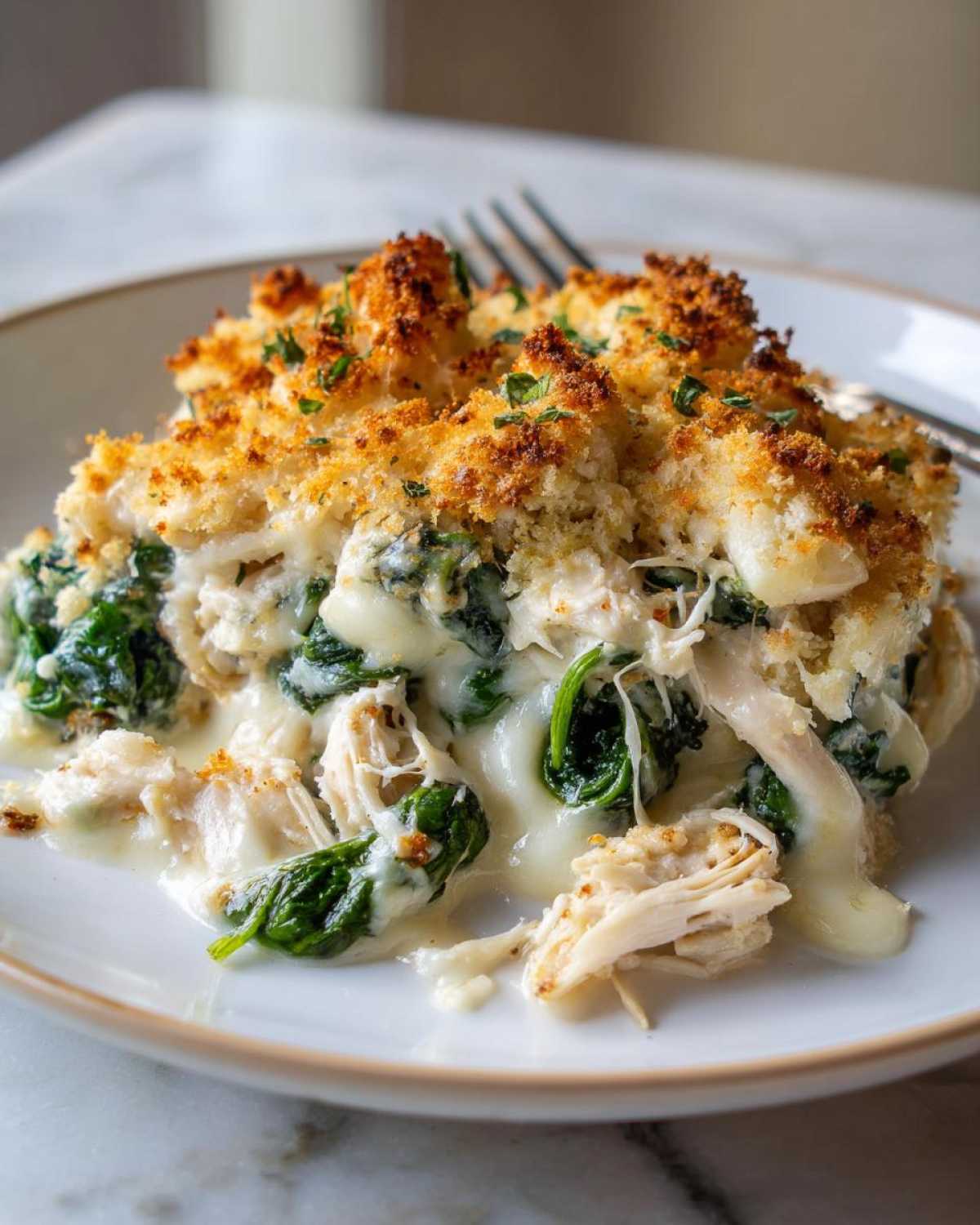 A close-up serving of Cheesy Chicken and Spinach Bake with melted cheese and a crispy breadcrumb topping.