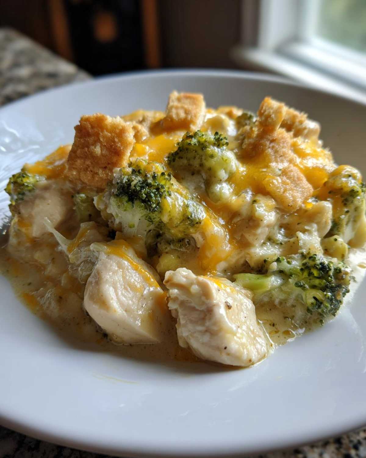 A close-up serving of Cheesy Chicken and Broccoli Bake Comfort Dish topped with melted cheddar and croutons.