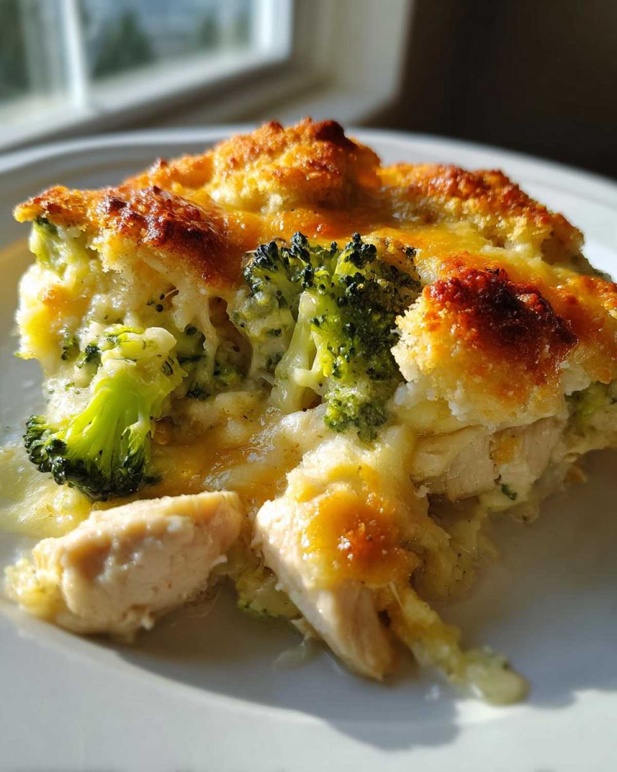 Close-up of a serving of Cheesy Chicken and Broccoli Bake Comfort Dish with a golden, bubbly cheese crust.