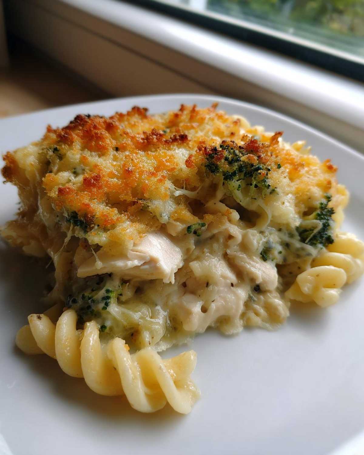 A close-up of a serving of Cheesy Chicken and Broccoli Pasta Bake with a golden, crispy topping.