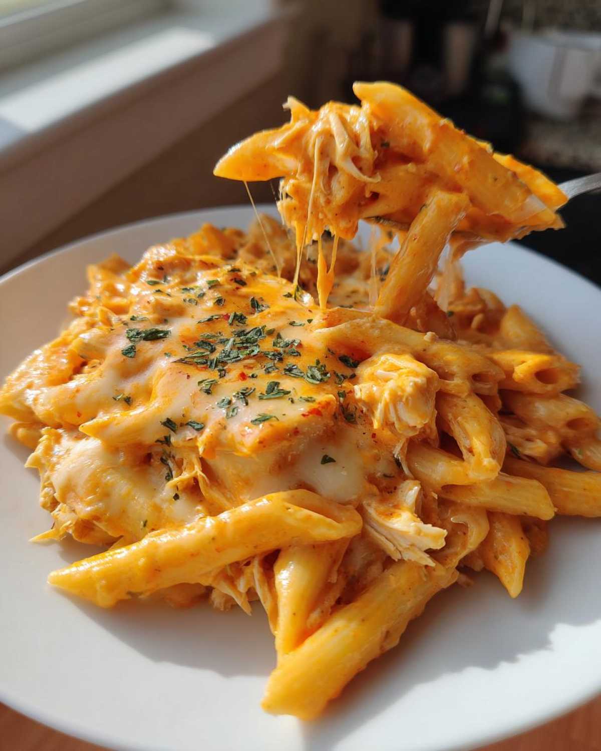 A serving of Cheesy Chicken Queso Pasta being lifted with a fork, showing long, stretchy cheese pulls.