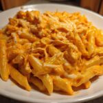 A close-up of a bowl of Cheesy Chicken Queso Pasta Creamy and Rich, topped with melted white cheese.